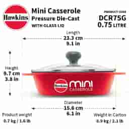 Hawkins 0.75L Oval Shaped Die-Cast Mini Casserole with Glass Lid Red