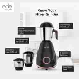 Edel by Lifelong Premio 1.0 | Mixer Grinder 500 Watt | 3 Stainless Steel Multipurpose Jars with 3 Speed Control and Pulse function | Food grade Stainless Steel blades (Black)