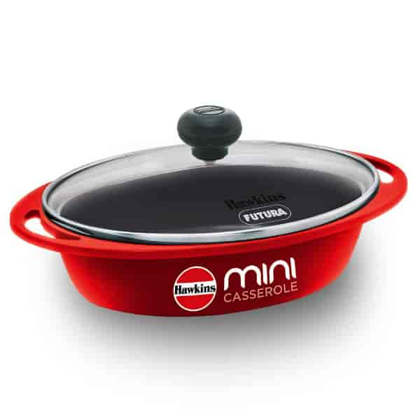 Hawkins 0.75L Oval Shaped Die-Cast Mini Casserole with Glass Lid Red