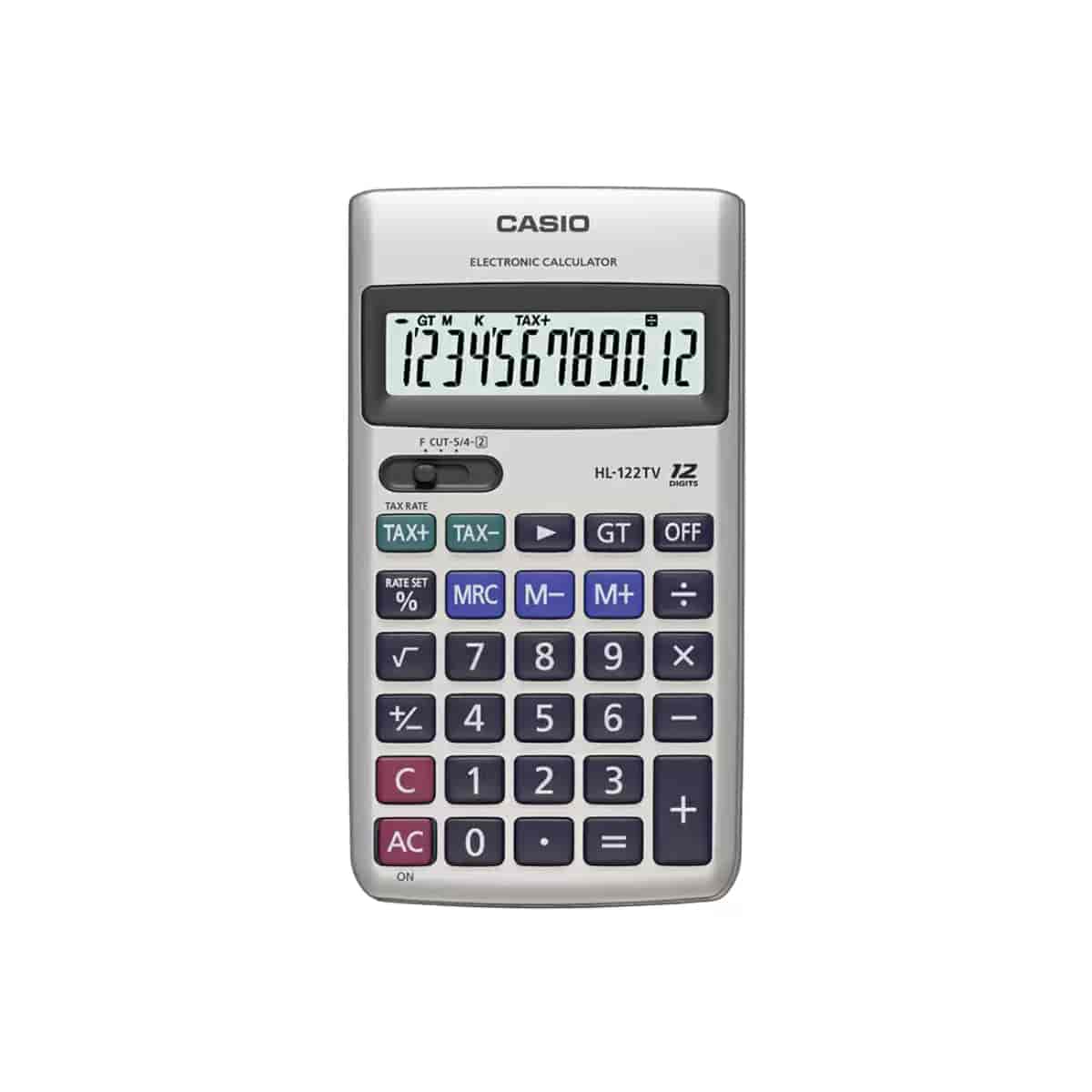 Casio 12 Digit Portable Calculator with Metal Faceplate & GT Key-HL-122TV