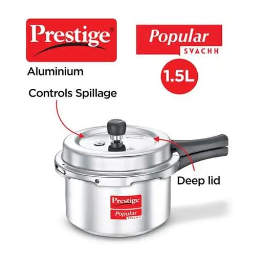 Prestige 10162 Popular Svachh Aluminium Pressure Cooker 1.5 Ltr