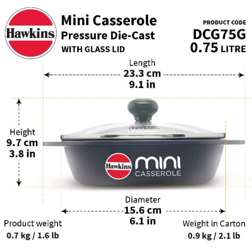 Hawkins 0.75L Oval Shaped Die-Cast Mini Casserole with Glass Lid Grey