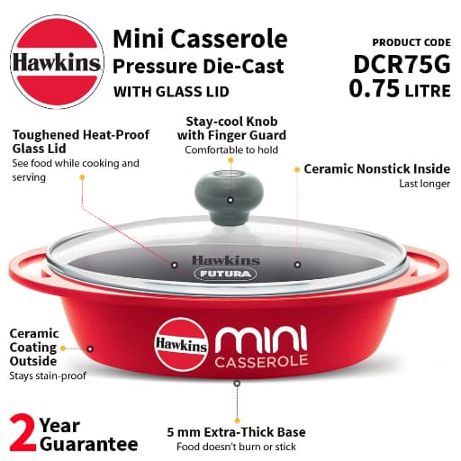 Hawkins 0.75L Oval Shaped Die-Cast Mini Casserole with Glass Lid Red