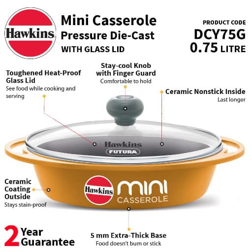 Hawkins 0.75L Oval Shaped Die-Cast Mini Casserole with Glass Lid Yellow