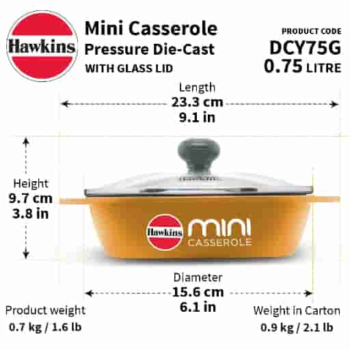 Hawkins 0.75L Oval Shaped Die-Cast Mini Casserole with Glass Lid Yellow