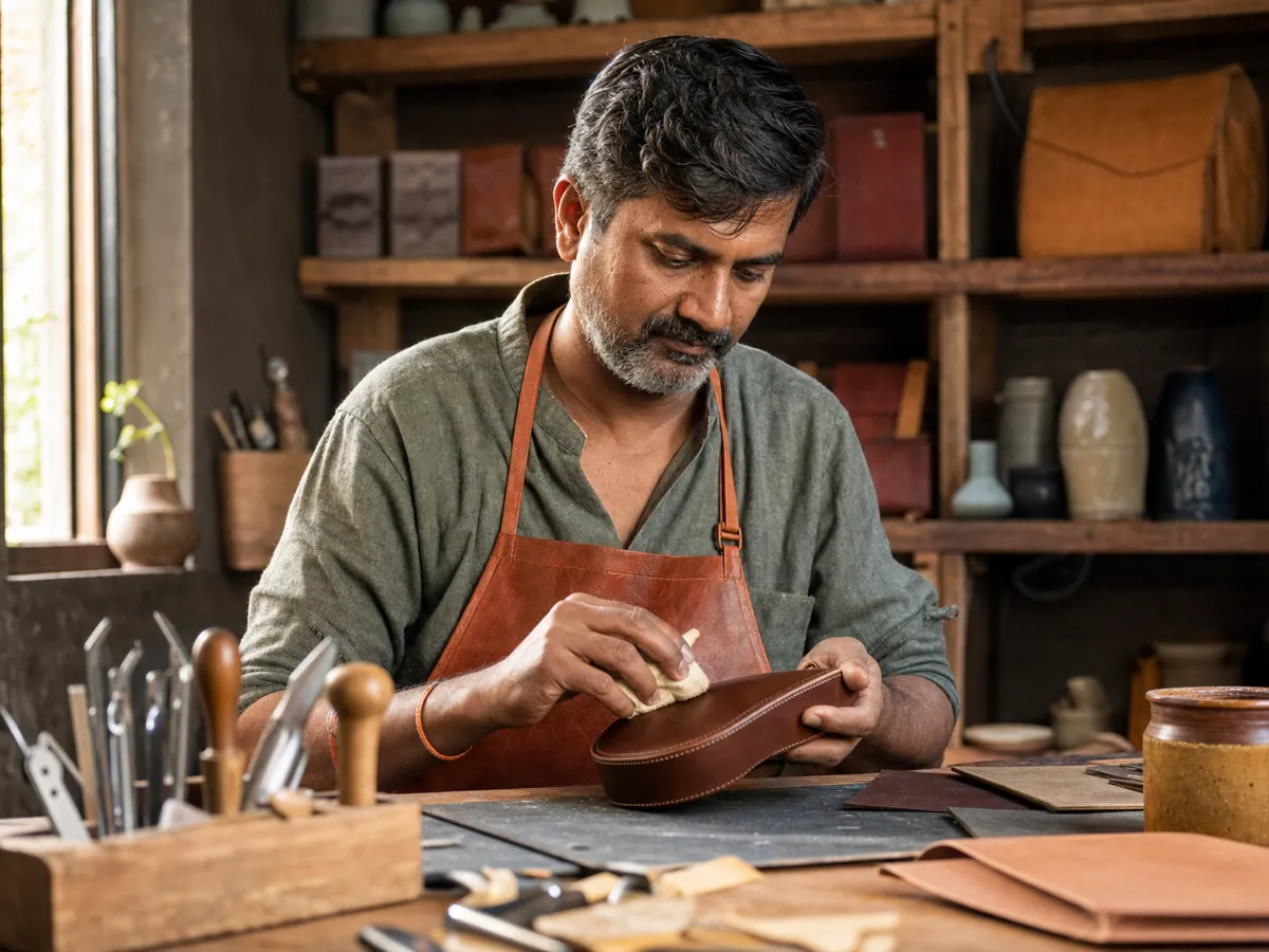 A leather craftsman finishing a handmade bag in his workshop
